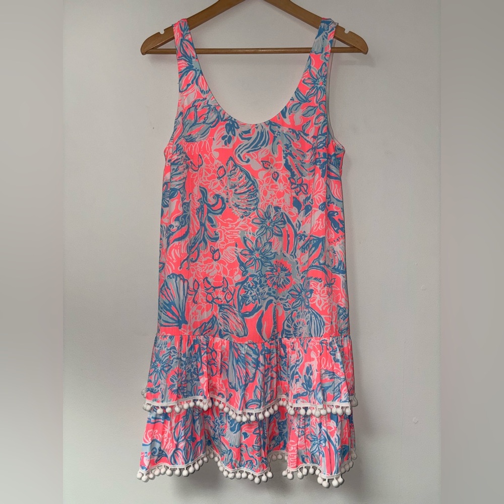 Lilly Pulitzer Natasha Dress shell siren Floral Mini Dress with Pom Trim